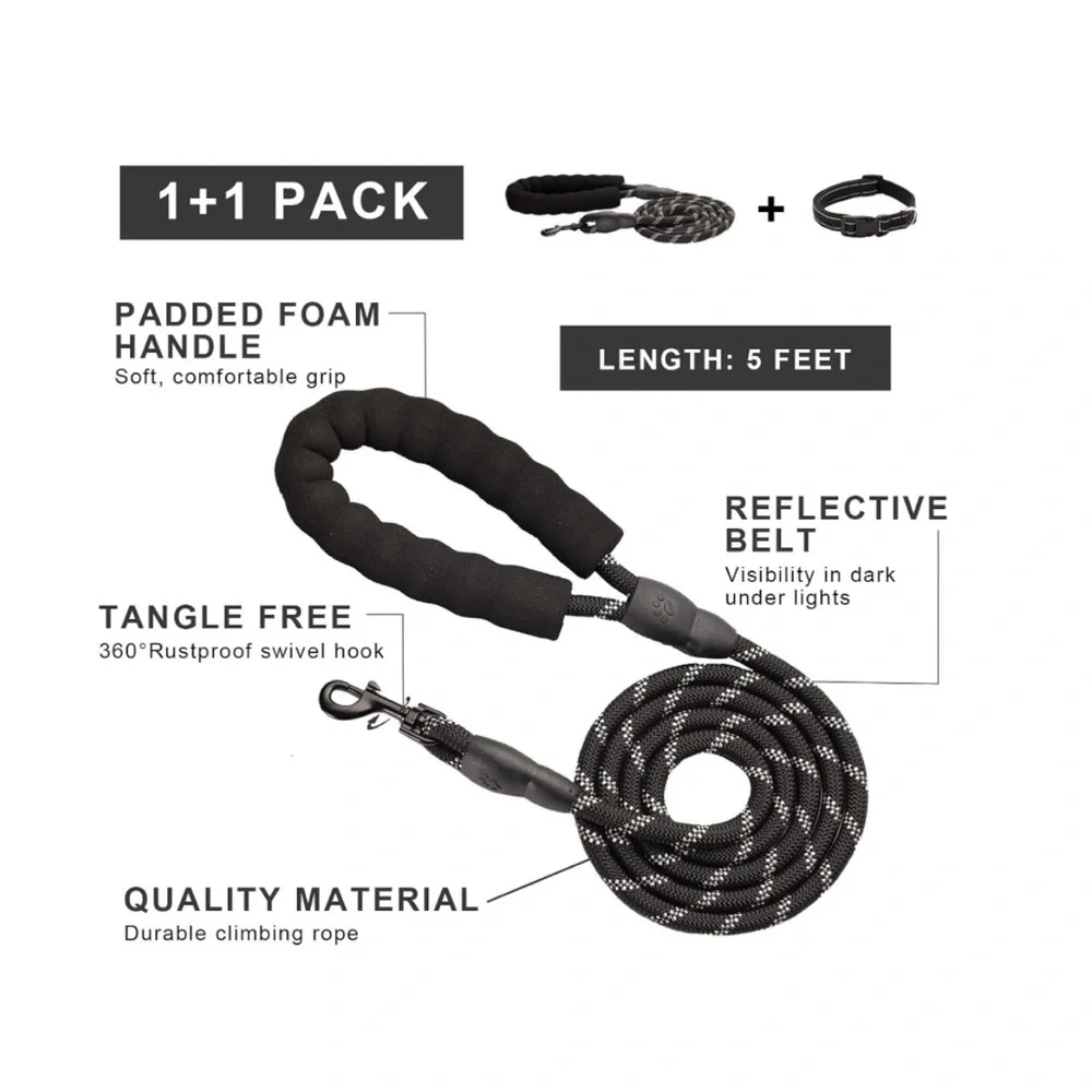Reflective Dog Collar and Leash Set, Adjustable Collar and 5 FEET Dog Leash